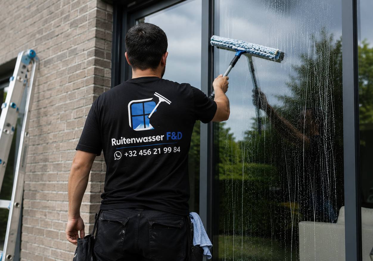 Medewerker van Ruitenwasser F&D poetst ramen in een woonwijk